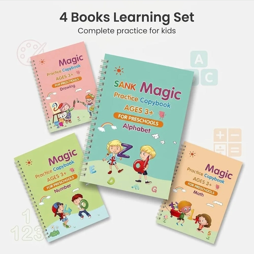 Magic Practice Copybook Set for Kids (4 Books + 1 Pen + 10 Refills)