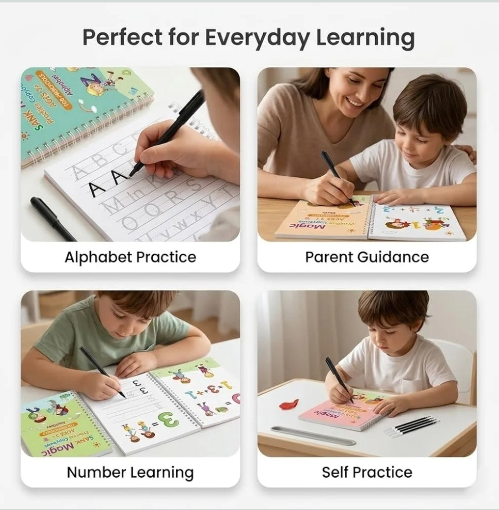 Magic Practice Copybook Set for Kids (4 Books + 1 Pen + 10 Refills)