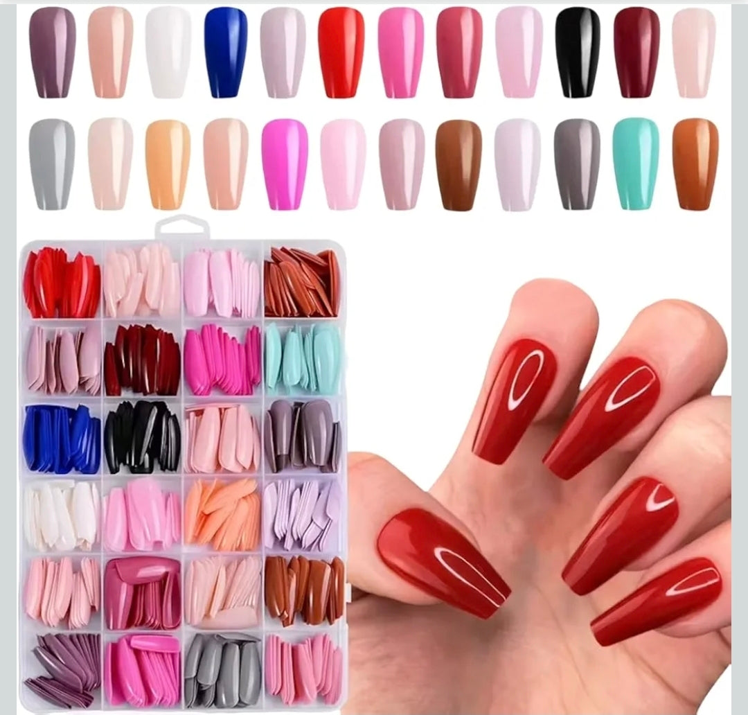 576 Pcs Glossy Straight Fake Nails Full Cover Coffin Acrylic Tips(24 Colours)