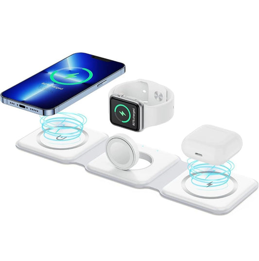 3 in 1 MagSafe compatible Magnetic Foldable Wireless Charger for iPhone 17 to 12 Series | Compatible with AirPods 2/3, Pro2, Pro3 | Compatible with only Apple Watch Series | 23W Charging - Pearl White