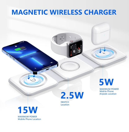3 in 1 MagSafe compatible Magnetic Foldable Wireless Charger for iPhone 17 to 12 Series | Compatible with AirPods 2/3, Pro2, Pro3 | Compatible with only Apple Watch Series | 23W Charging - Pearl White