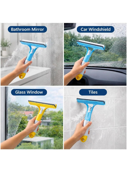 3-in-1 Window Cleaning Wiper with Spray Bottle | Glass Cleaner Wiper & Mirror Cleaner | Silicone Squeegee & Scrub Pad for Car Windshield, Bathroom Glass & Home Windows (Multicolour - 1 Piece)