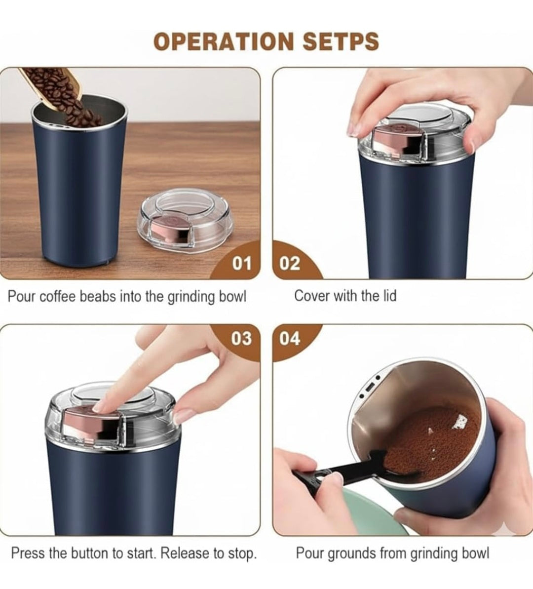 Portable Electric Coffee Grinder Spice & Coffee Bean Grinder Stainless Steel 4 Blade Mixer Grinder for Masala & Herb Push Button Control Durable Grinding Machine for Dry Item (Medium)