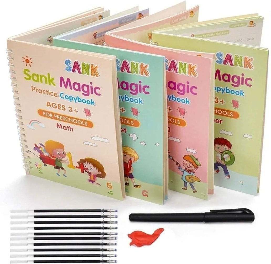 Magic Practice Copybook Set for Kids (4 Books + 1 Pen + 10 Refills)